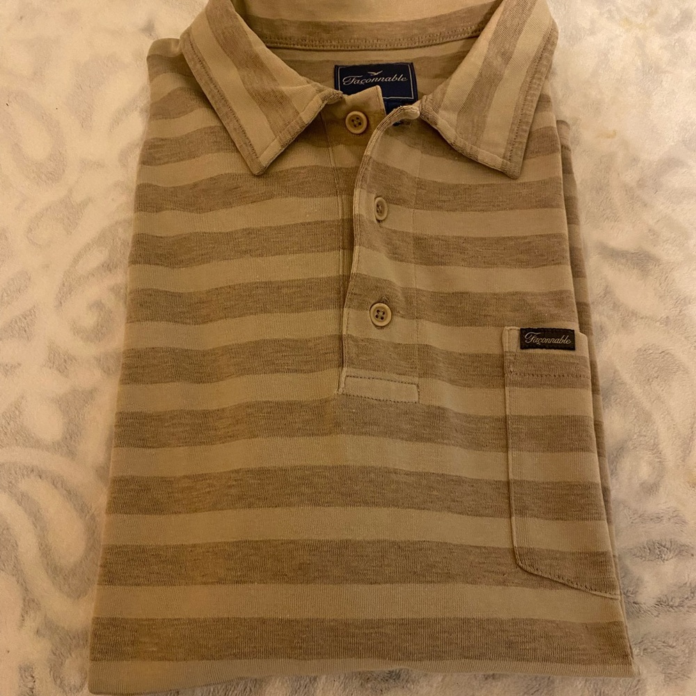 Faconnable Beige Striped Polo with Logo Patch